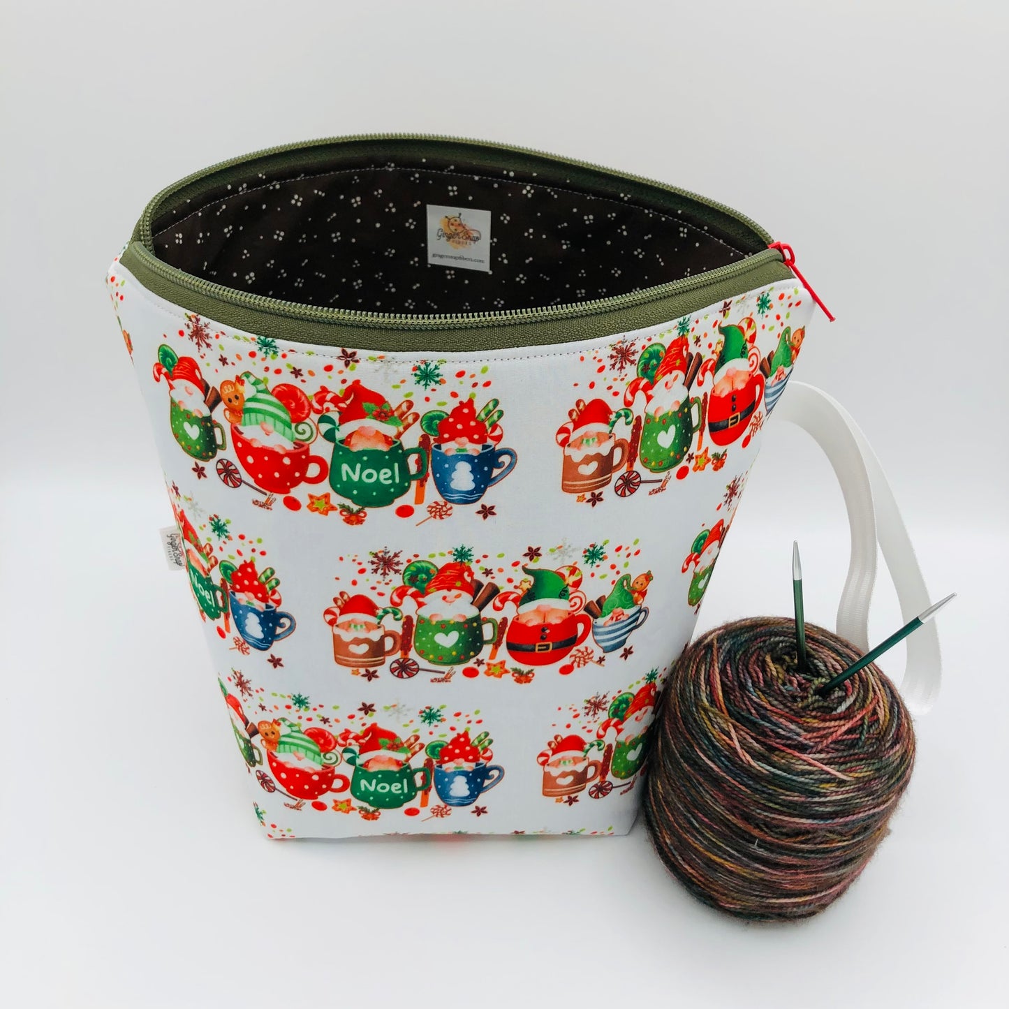 Coffee Cup Gnomes Holiday Knitting Crochet Zipper Style Project Bag | Sock Size