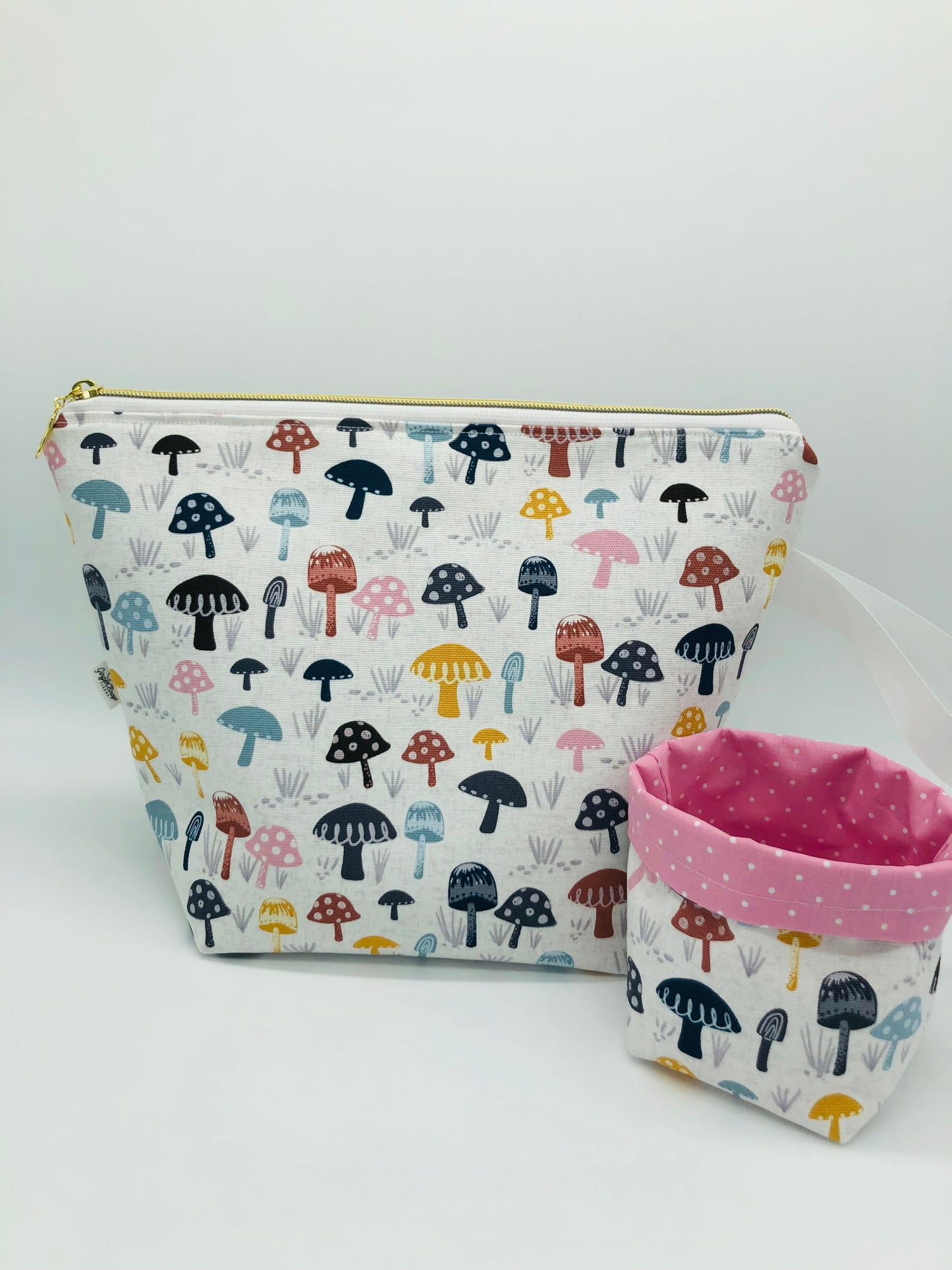 Pastel and Polka Dots Mushrooms Knitting and Crochet Zipper Style Project Bag + Yarn Cozy | XL Sock Size