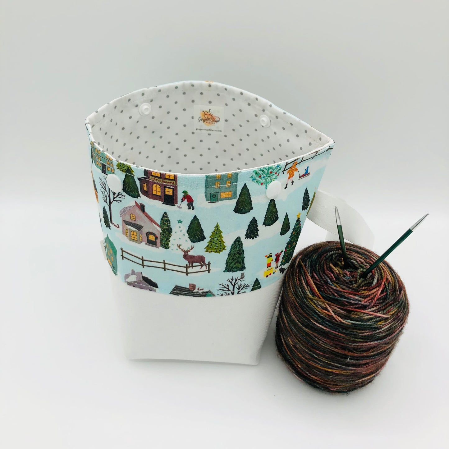 Christmas Village (white base) Holiday Itty Bitty Crochet Knitting Project Bag | XS
