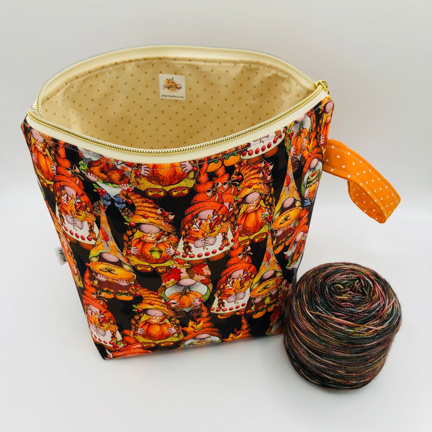Thanksgiving Gnomes Knitting and Crochet Zipper Style Project Bag | XL Sock Size