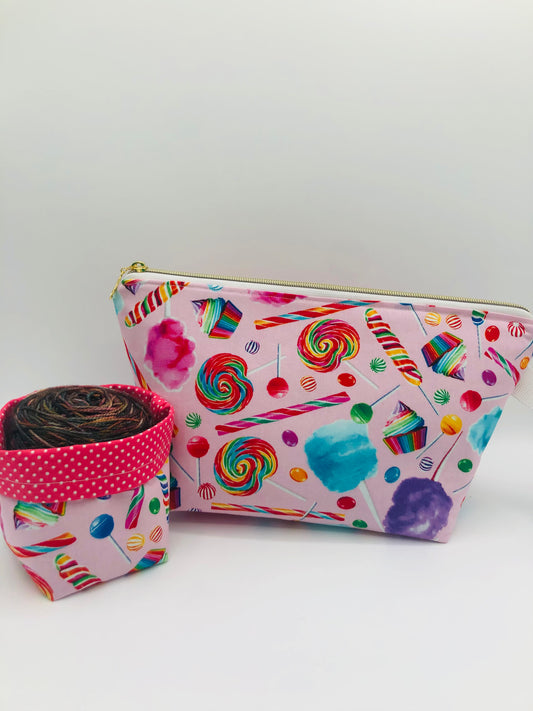 Rainbow Candy 🍭 Knitting Crochet Zipper Style Project Bag + 100g Yarn Cozy | Shortie Sock Size