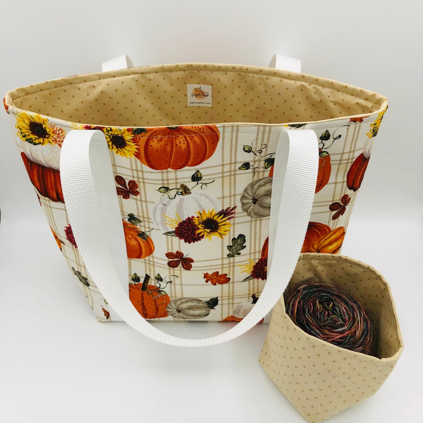 Neutral Pumpkins Tote Style Knitting and Crochet Project Bag + Yarn Cozy | Sweater Size
