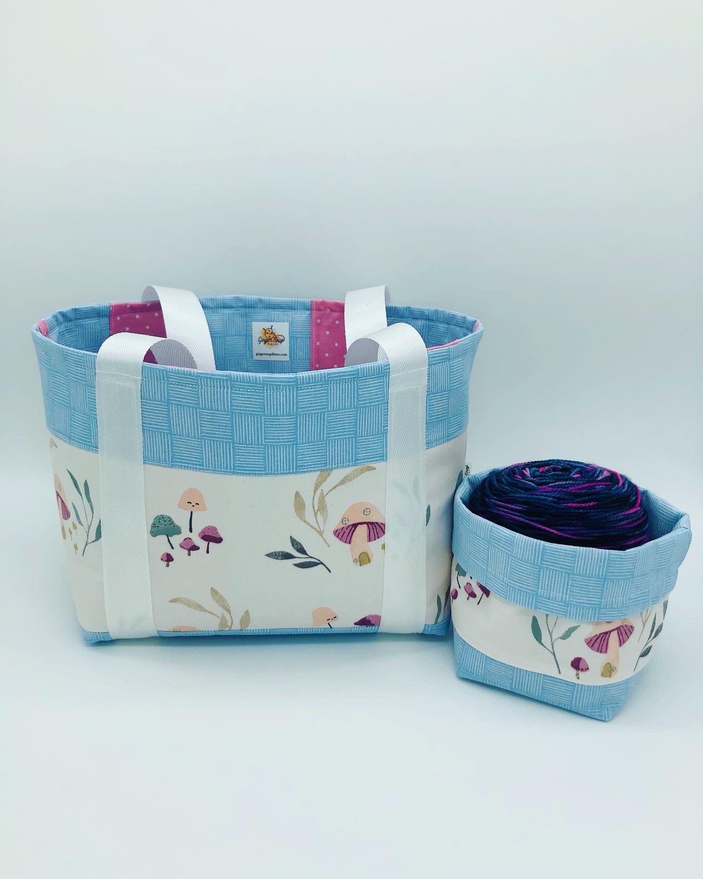 Mushroom Houses Patchwork Knitting Crochet Tote Style Project Bag + Yarn Cozy | Shortie Sock Size