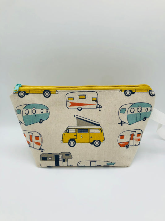 Retro Campers Canvas Knitting Crochet Zipper Style Project Bag | Shortie Sock Size
