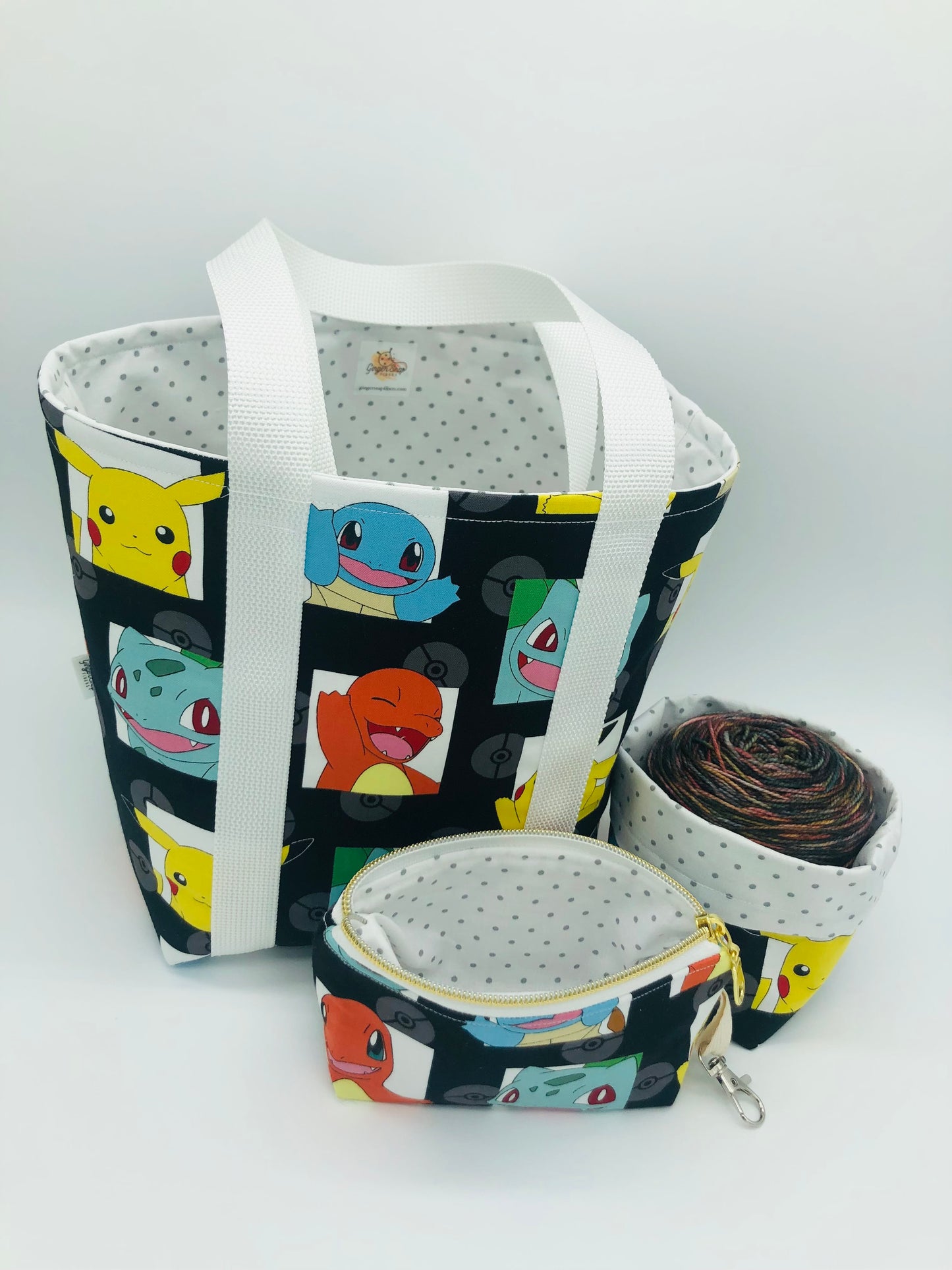 Black Poke-Friends Knitting Crochet Tote Style Project Bag + Yarn Cozy + Notions Pouch | Sock Size