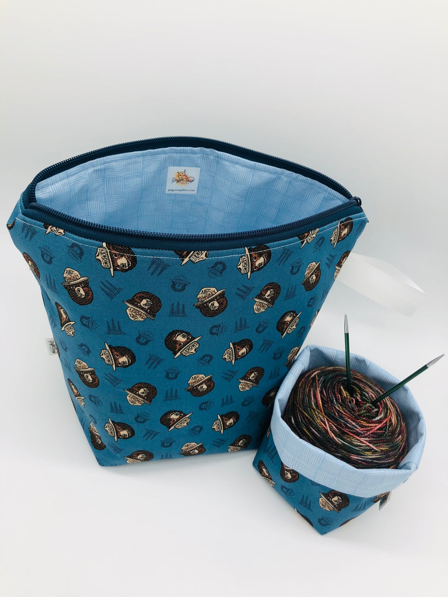 Blue Smokey Faces Knitting Crochet Zipper Style Project Bag + Yarn Cozy | Sock Size