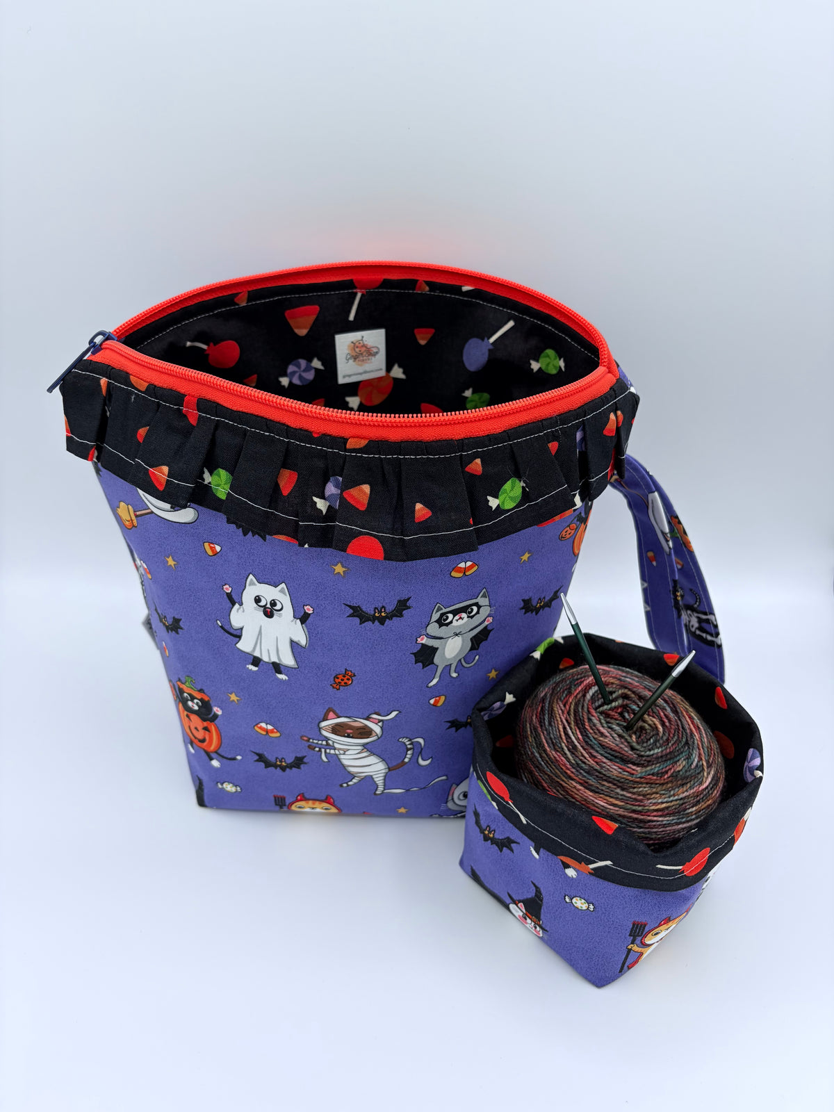 Trick or Treat Kitties (with ruffles) Spooky Knitting Crochet Zipper Style Project Bag + Yarn Cozy | Sock Size