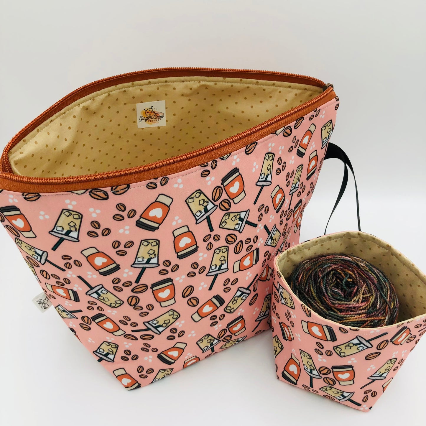 Latte Hearts Knitting and Crochet Zipper Style Project Bag + Yarn Cozy | XL Sock Size