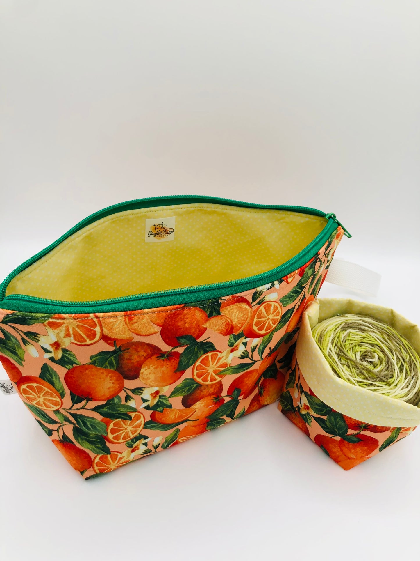 Fresh Oranges Knitting Crochet Zipper Style Project Bag | Shortie Sock Size +100g Yarn Cozy
