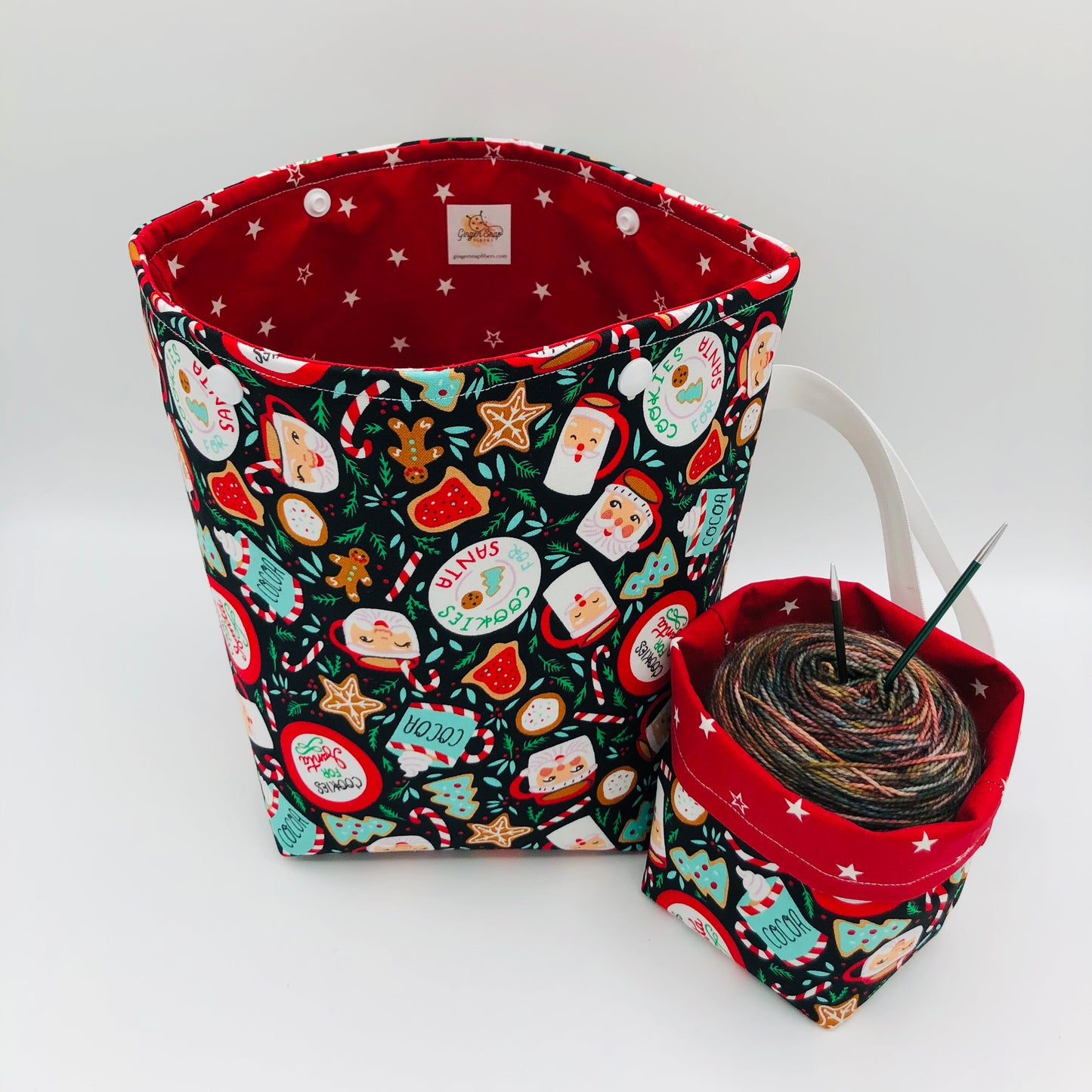 Cookies for Santa Holiday Knitting Crochet Snap Style Project Bag + Yarn Cozy | Sock Size