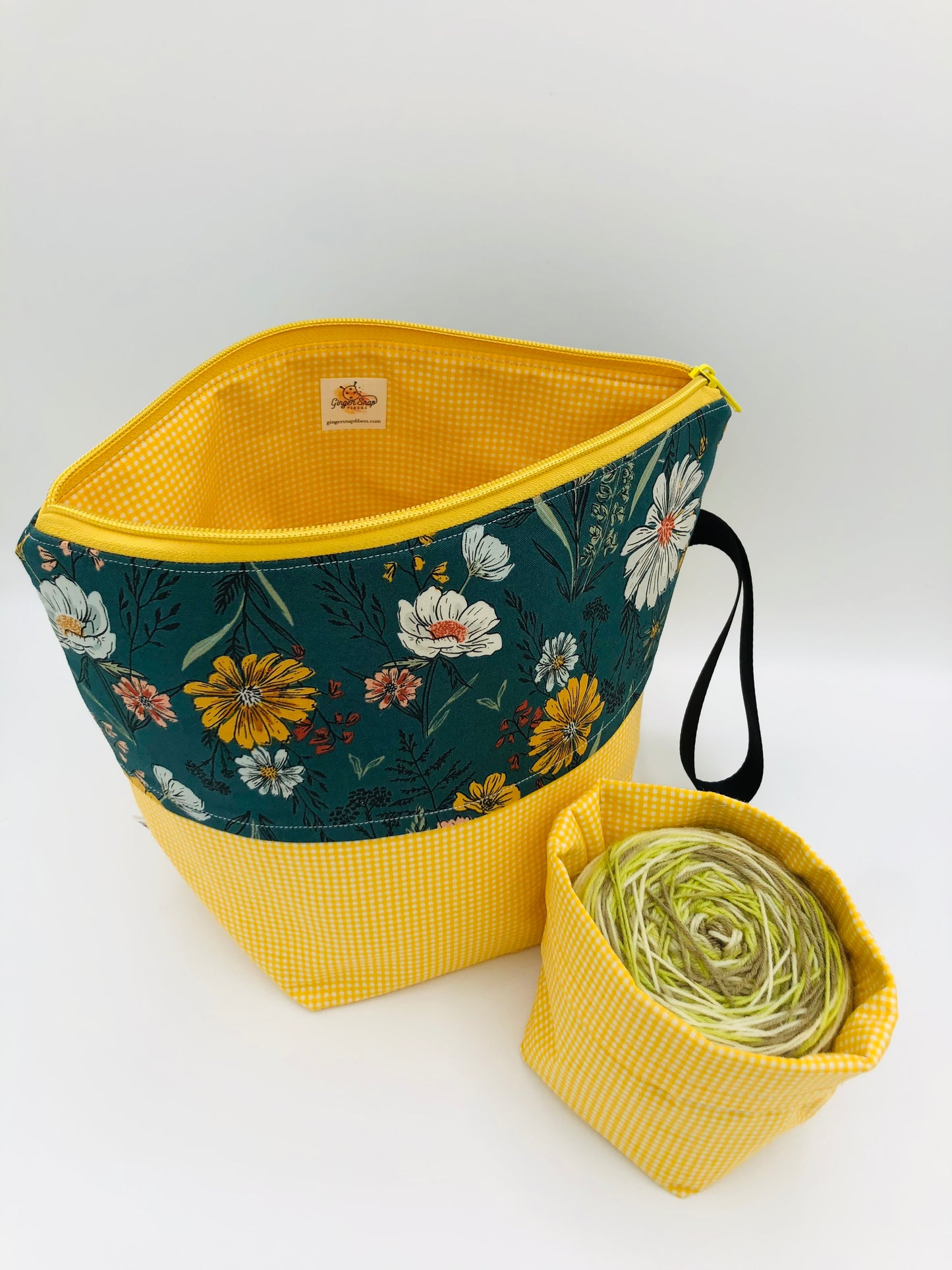 Yellow Forest Flowers Knitting Crochet Zipper Style Project Bag + Yarn Cozy | Sock Size