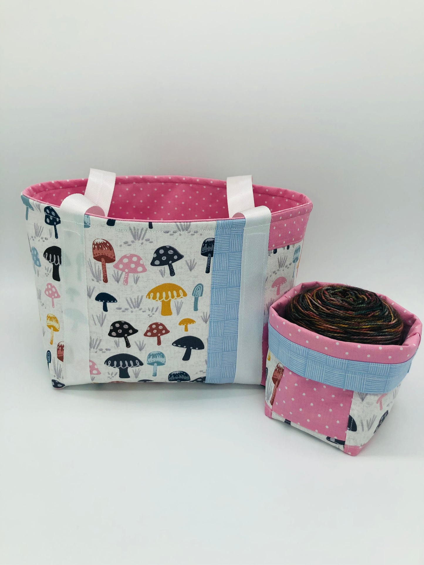 Pastel and Polka Dot Mushroom Patchwork Knitting Crochet Tote Style Project Bag + Yarn Cozy | Shortie Sock Size
