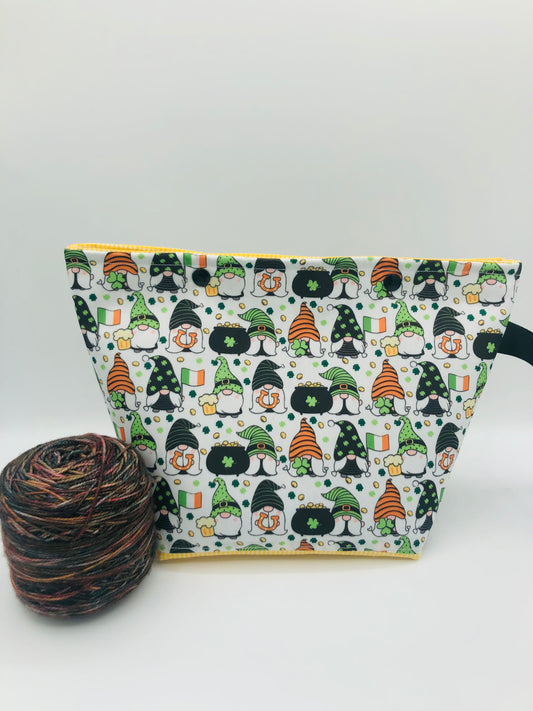 CLEARANCE St. Patrick’s Gnomes (white) Knitting Crochet Snap Style Project Bag | Sock Size