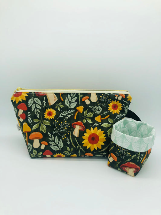 Sunflowers and Mushrooms Knitting Crochet Zipper Style Project Bag + 100g Yarn Cozy| Shortie Sock Size