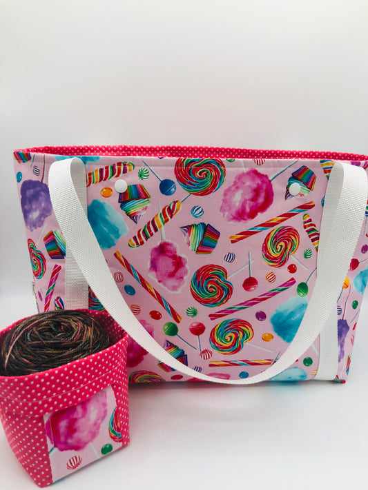Rainbow Candy 🍭 XXL Tote Style Knitting and Crochet Project Bag + Yarn Cozy |  XXL Size