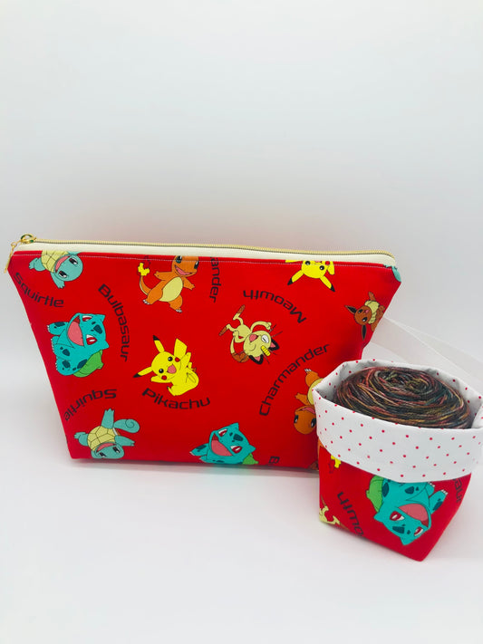 Red Poke-Friends Knitting Crochet Zipper Style Project Bag + 100g Yarn Cozy| Shortie Sock Size