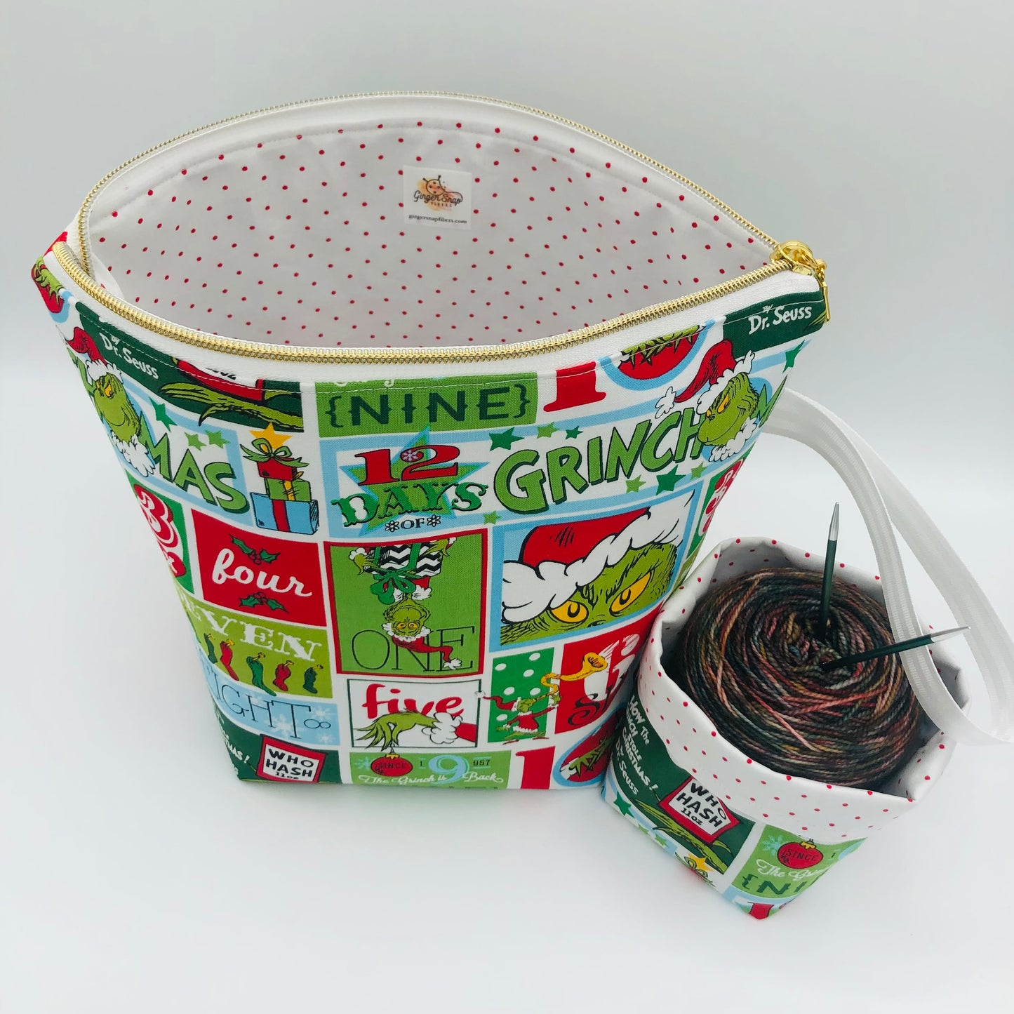 Grinchmas Knitting Crochet Zipper Style Project Bag + Yarn Cozy | Sock Size