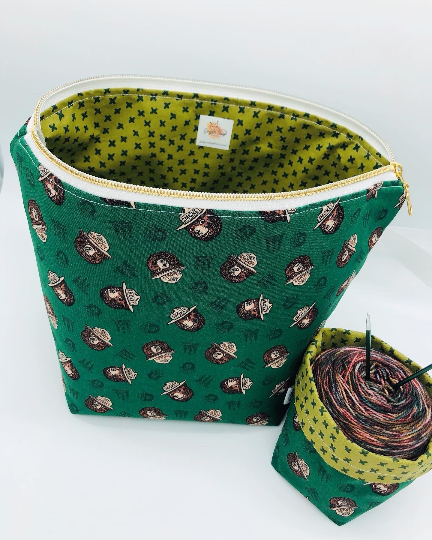 Green Smokey Faces Knitting and Crochet Zipper Style Project Bag + Yarn Cozy | XL Sock Size
