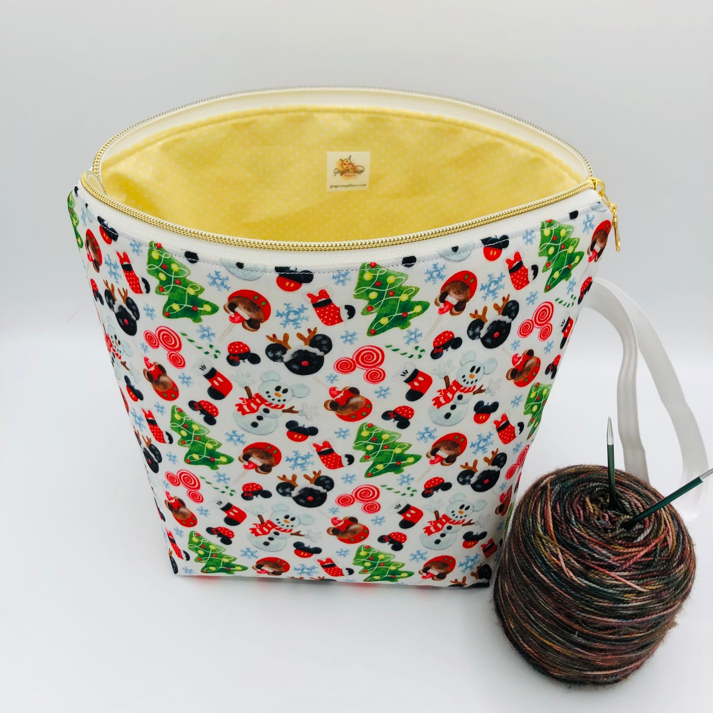 Christmas Tree Mouse Friends Holiday Knitting and Crochet Zipper Style Project Bag | XL Sock Size