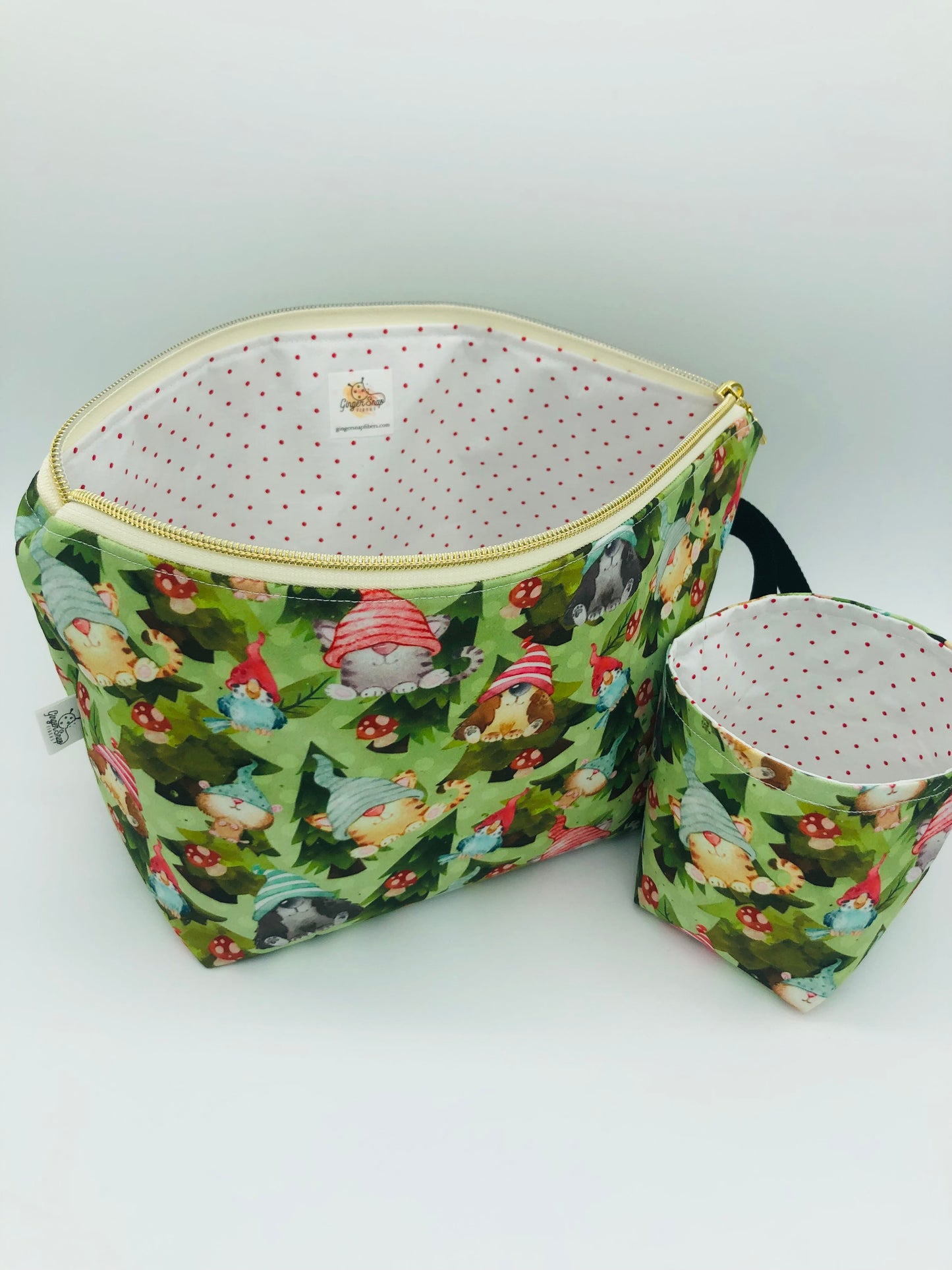 Animal Gnomes and Mushrooms Knitting Crochet Zipper Style Project Bag + 100g Yarn Cozy| Shortie Sock Size