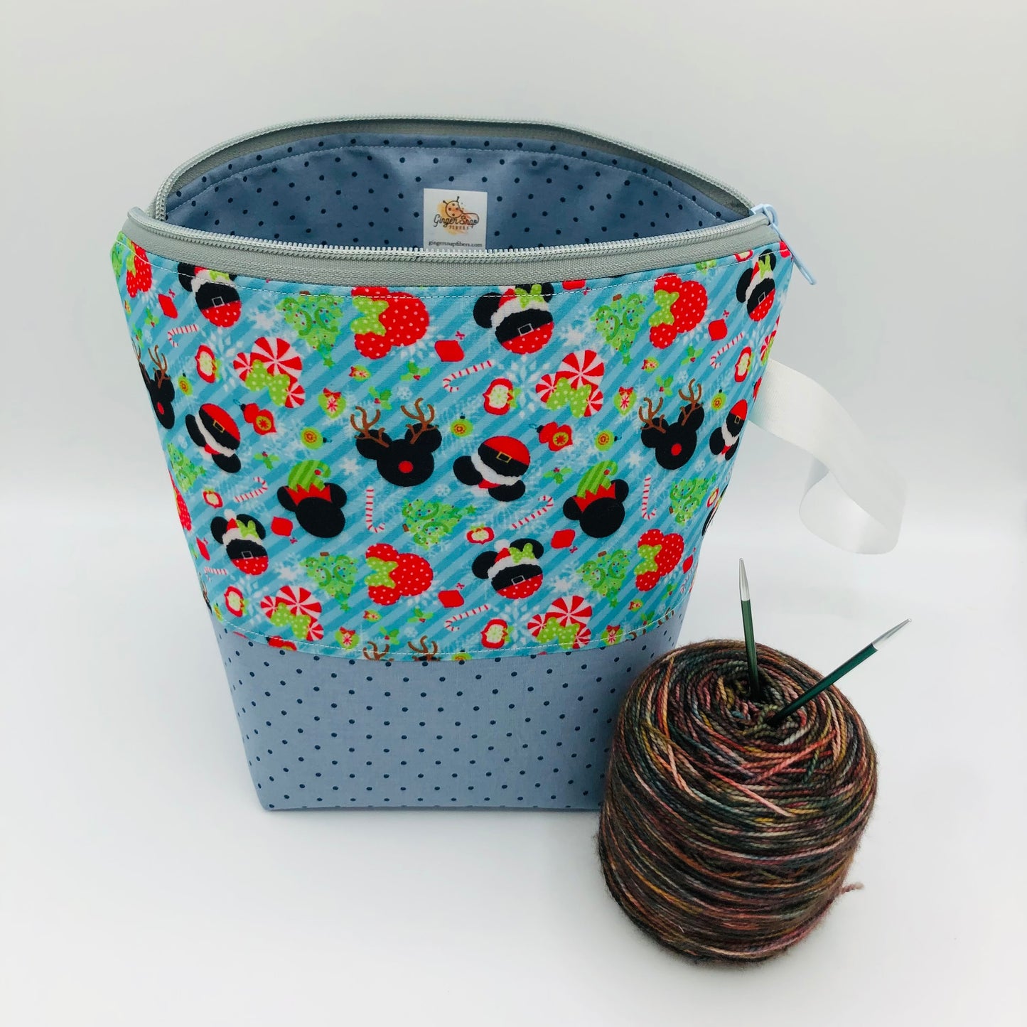 Peppermint Mouse Friends (blue base) Christmas Holiday Knitting Crochet Zipper Style Project Bag | Sock Size