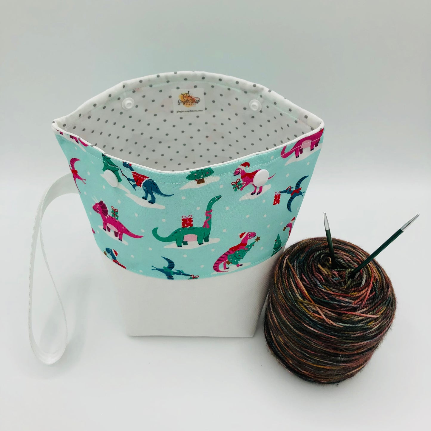Christmas Dinos (white base) Holiday Itty Bitty Crochet Knitting Project Bag | XS