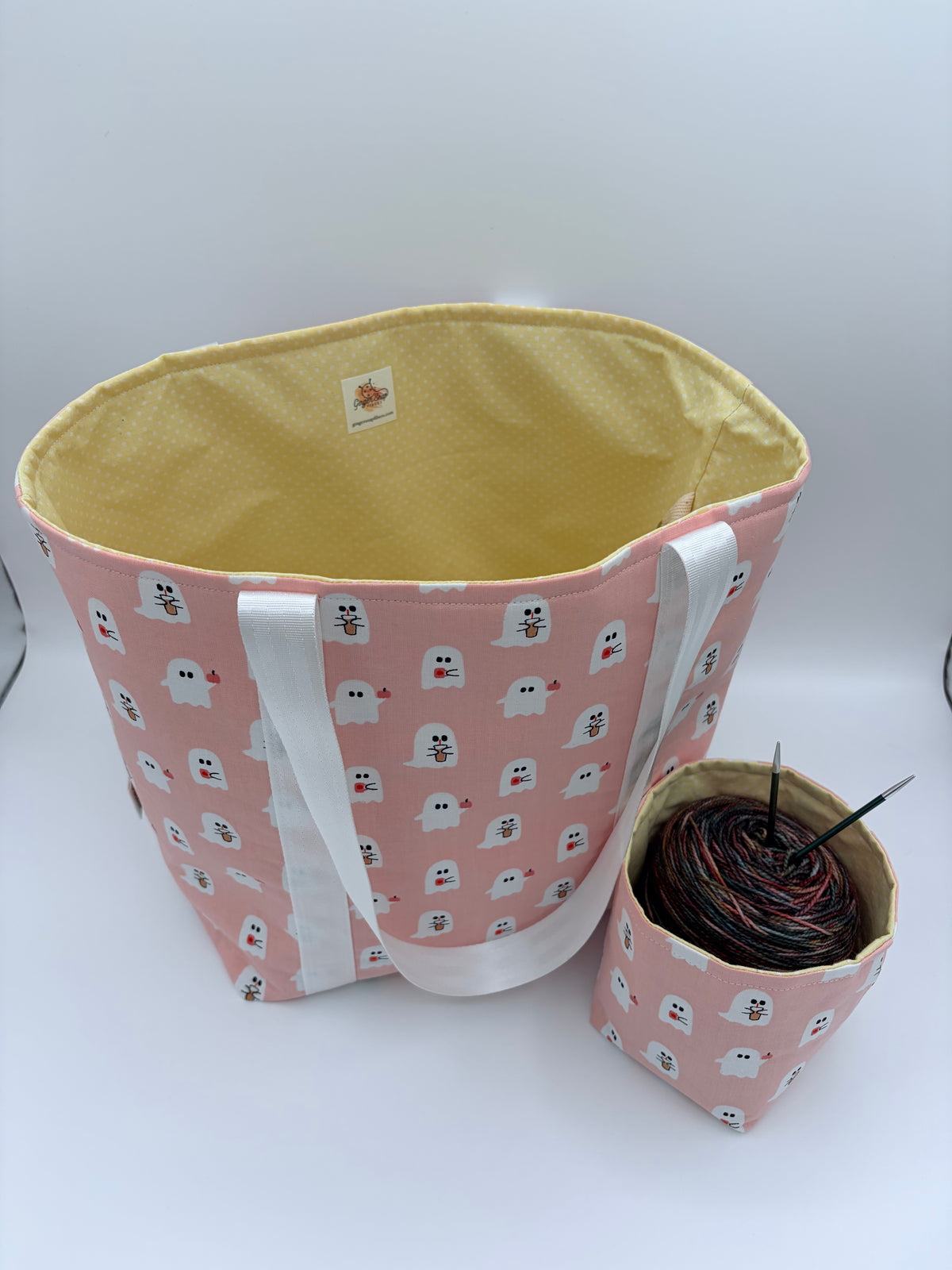 Latte Ghosts Tote Style Knitting and Crochet Project Bag + Yarn Cozy | Sweater Size