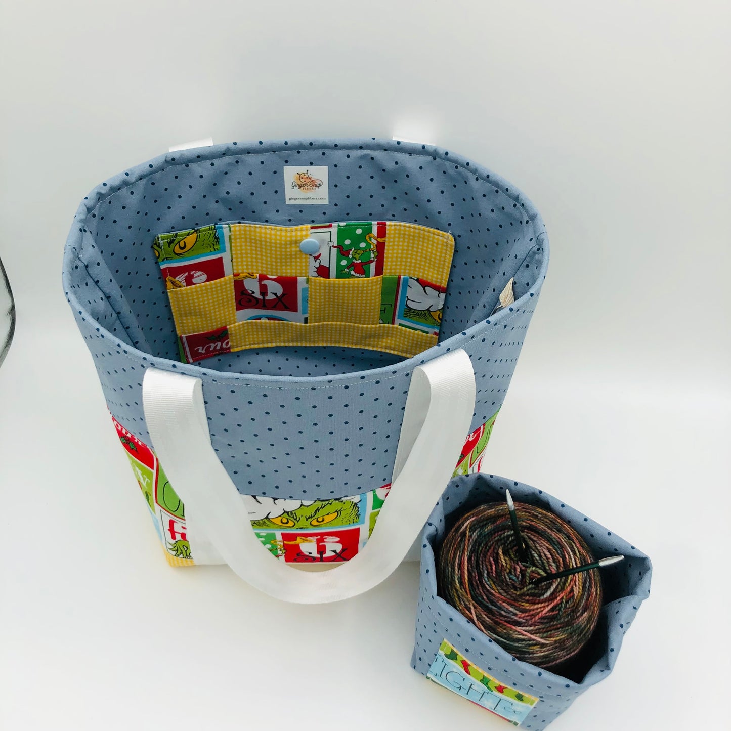 Blue Patchwork Grinchmas Knitting and Crochet Tote Style Project Bag + Yarn Cozy | XL Sock Size