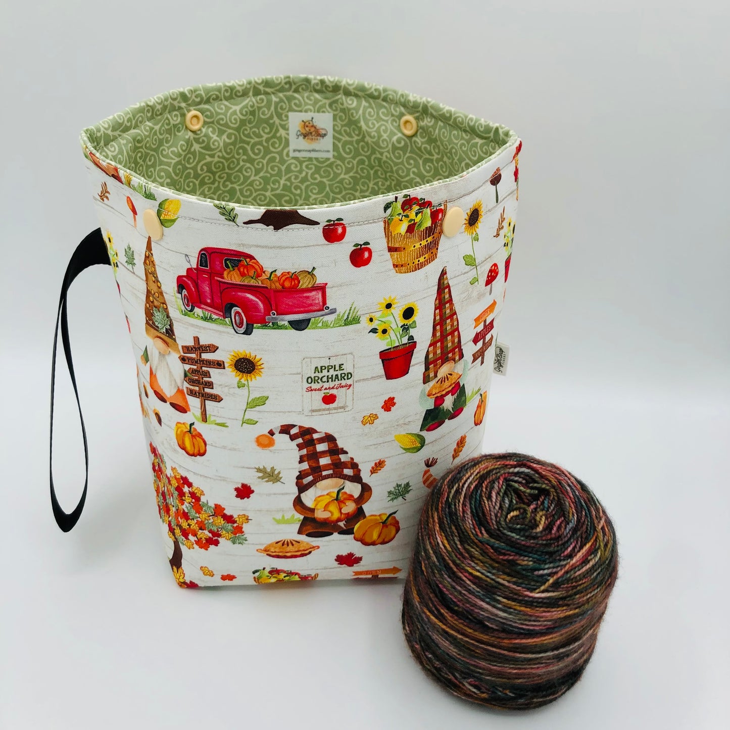 Apple Orchard Gnomes Knitting Crochet Snap Style Project Bag | Sock Size