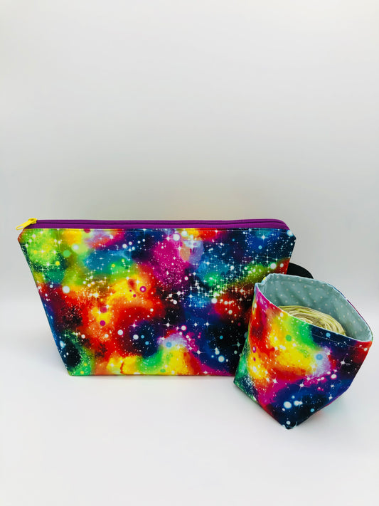 Rainbow Galaxy Knitting Crochet Zipper Style Project Bag + 100g Yarn Cozy | Shortie Sock Size