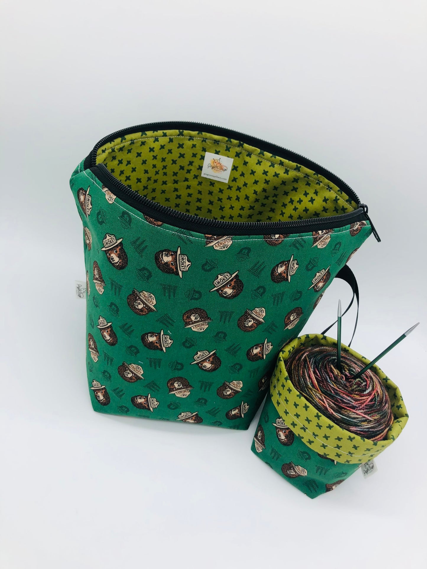 Green Smokey Faces Knitting Crochet Zipper Style Project Bag + Yarn Cozy | Sock Size
