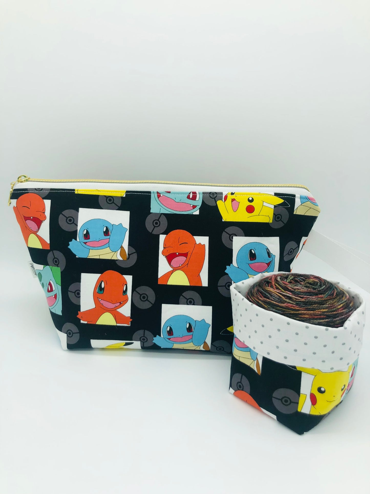 Black Poke-Friends Knitting Crochet Zipper Style Project Bag + 100g Yarn Cozy| Shortie Sock Size