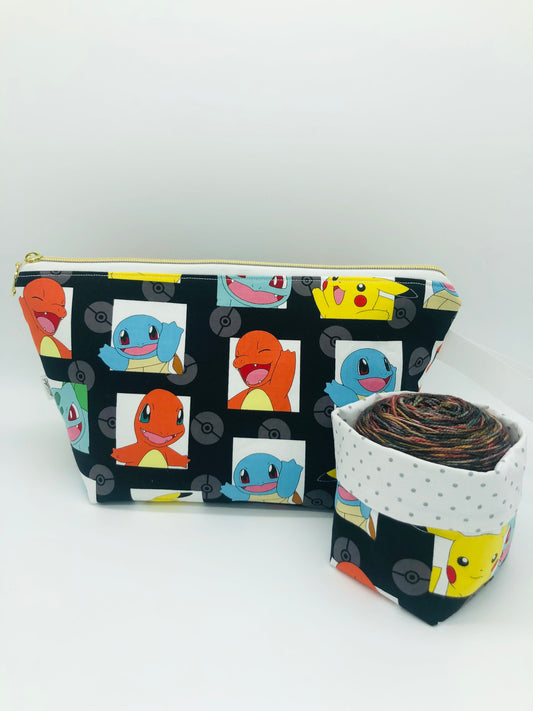 Black Poke-Friends Knitting Crochet Zipper Style Project Bag + 100g Yarn Cozy| Shortie Sock Size