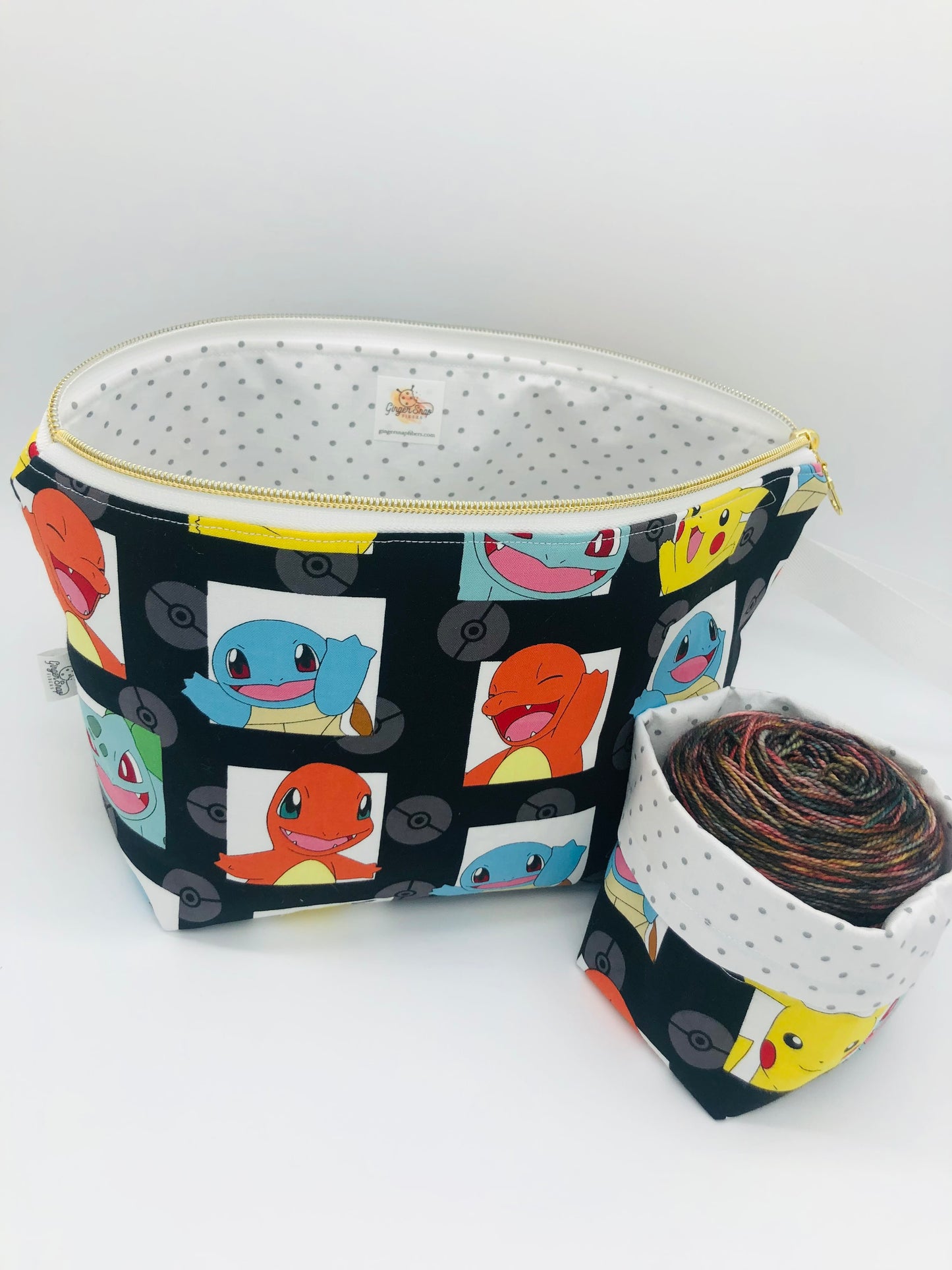Black Poke-Friends Knitting Crochet Zipper Style Project Bag + 100g Yarn Cozy| Shortie Sock Size
