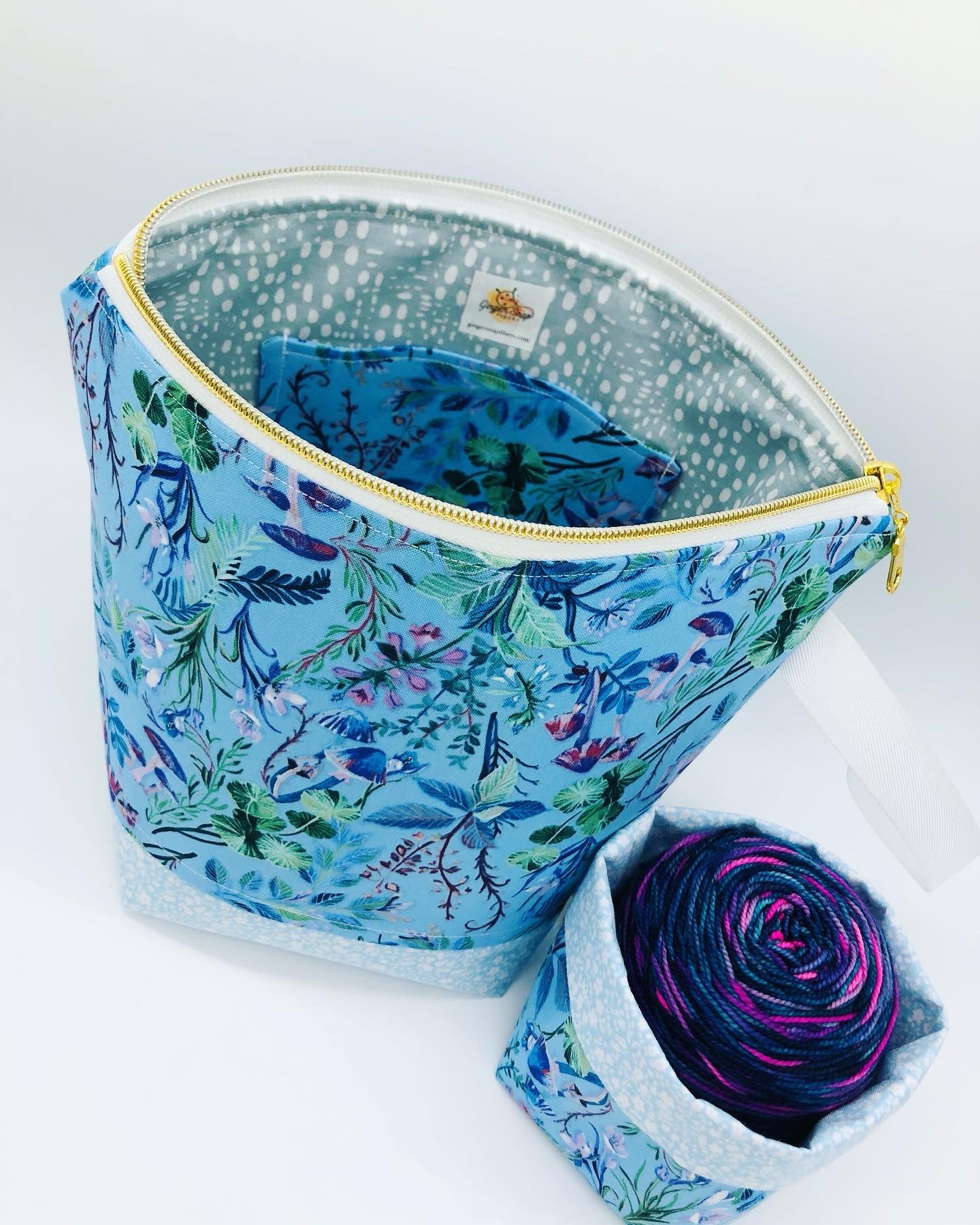 Enchanted Mushrooms (light) Knitting Crochet Zipper Style Project Bag + Yarn Cozy | Sock Size