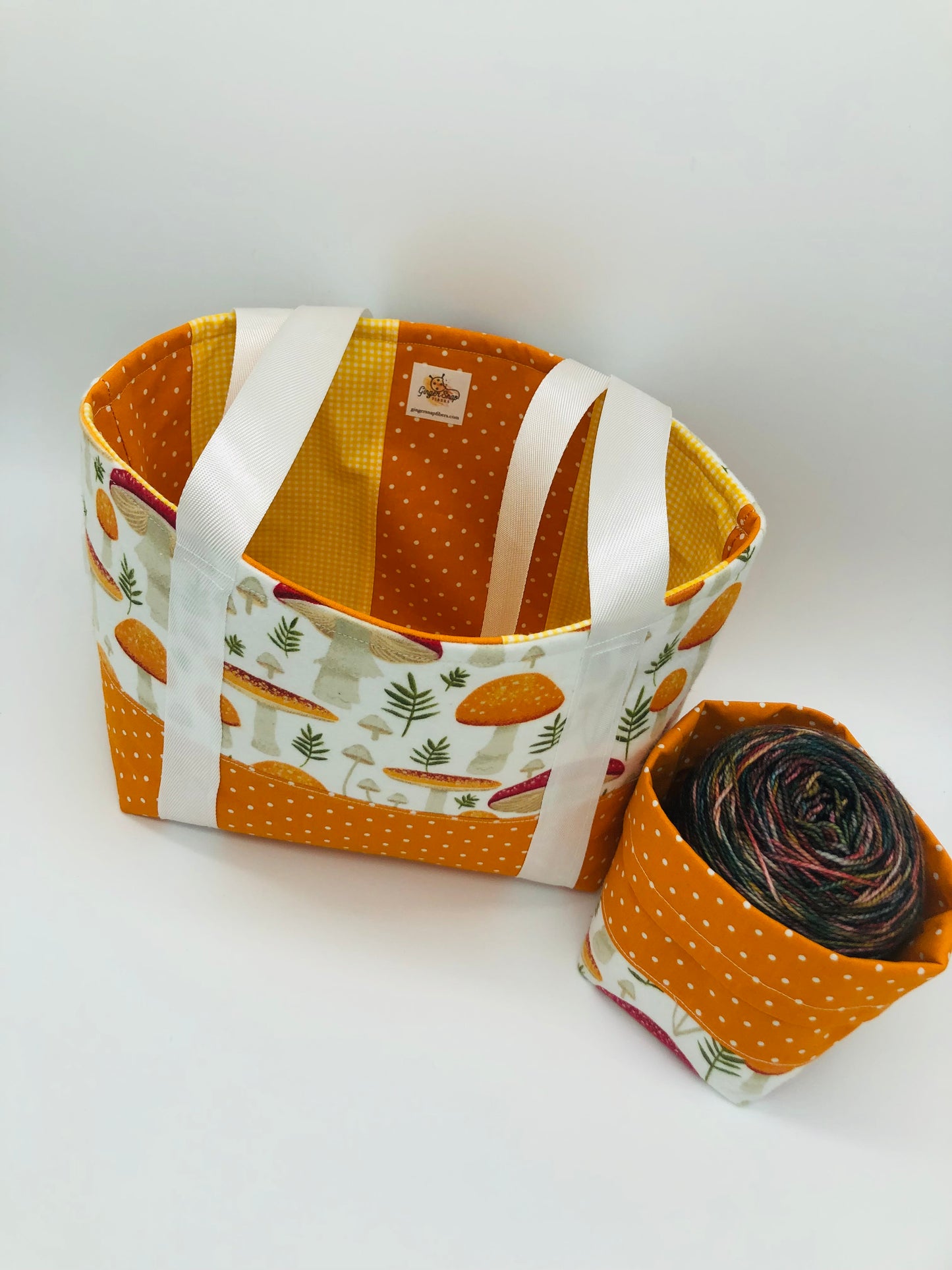 Amanita Mushroom Forest Patchwork Knitting Crochet Tote Style Project Bag + Yarn Cozy | Shortie Sock Size