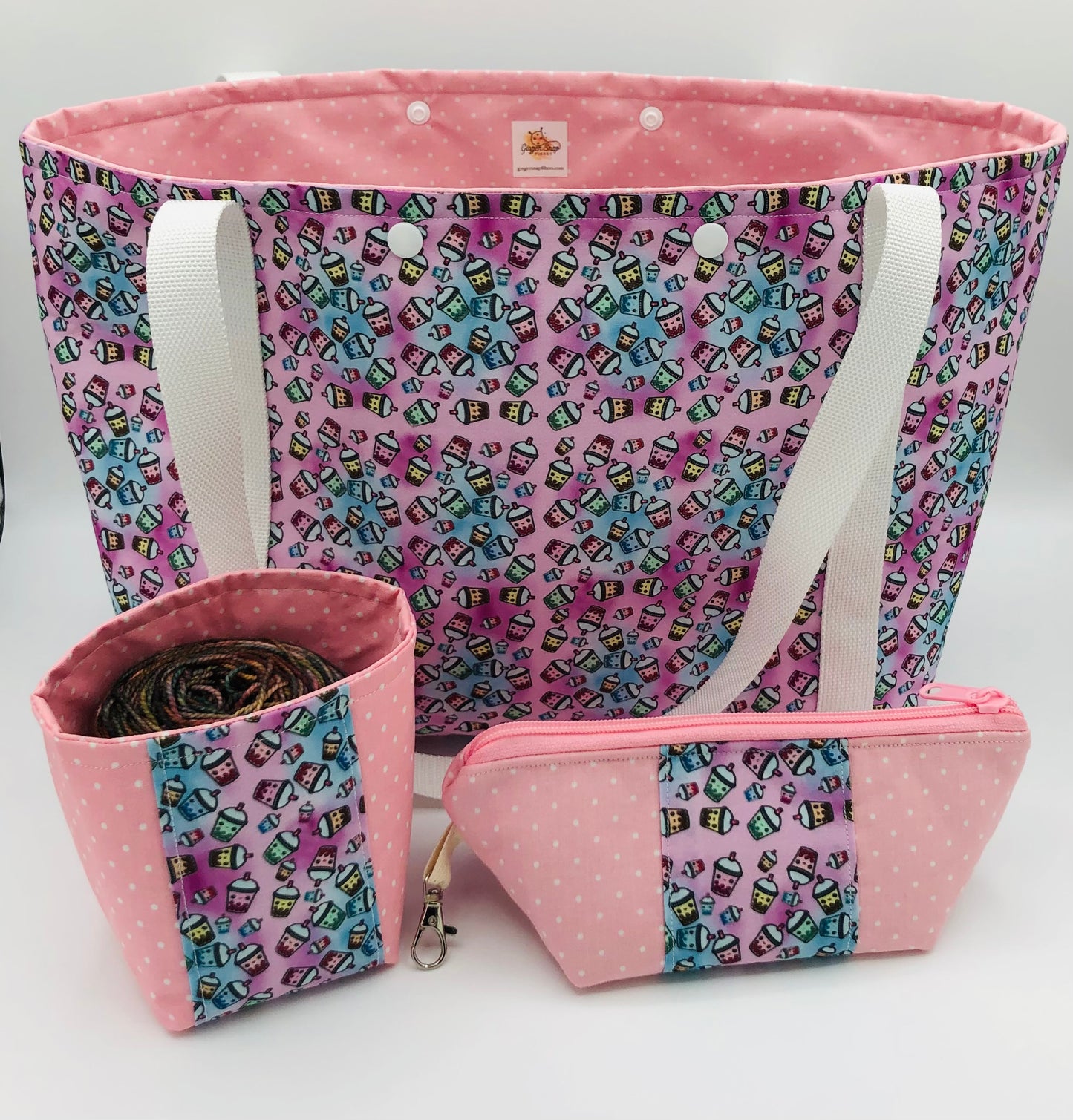 Tiny Boba Friends XXL Tote Style Knitting and Crochet Project Bag + Yarn Cozy + Pouch | XXL Size