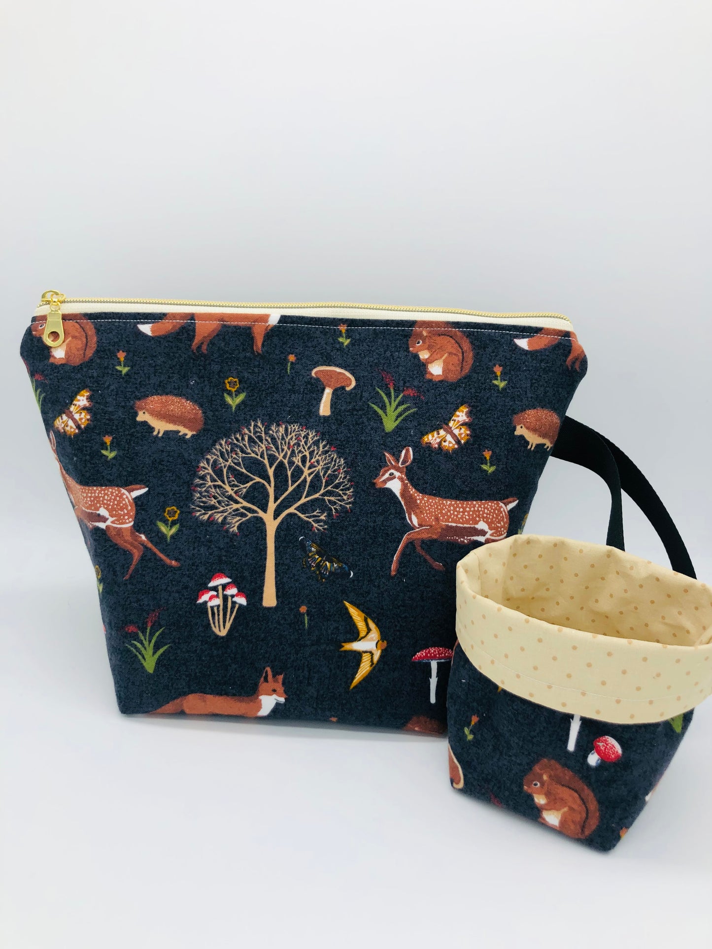 Foxes and Mushrooms Knitting and Crochet Zipper Style Project Bag + Yarn Cozy | XL Sock Size