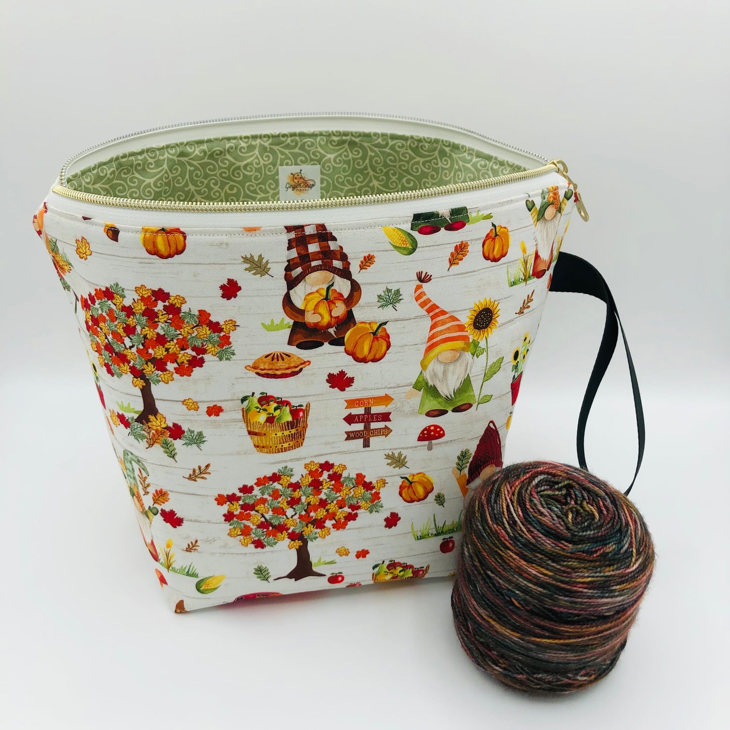 Apple Orchard Gnomes Knitting and Crochet Zipper Style Project Bag | XL Sock Size