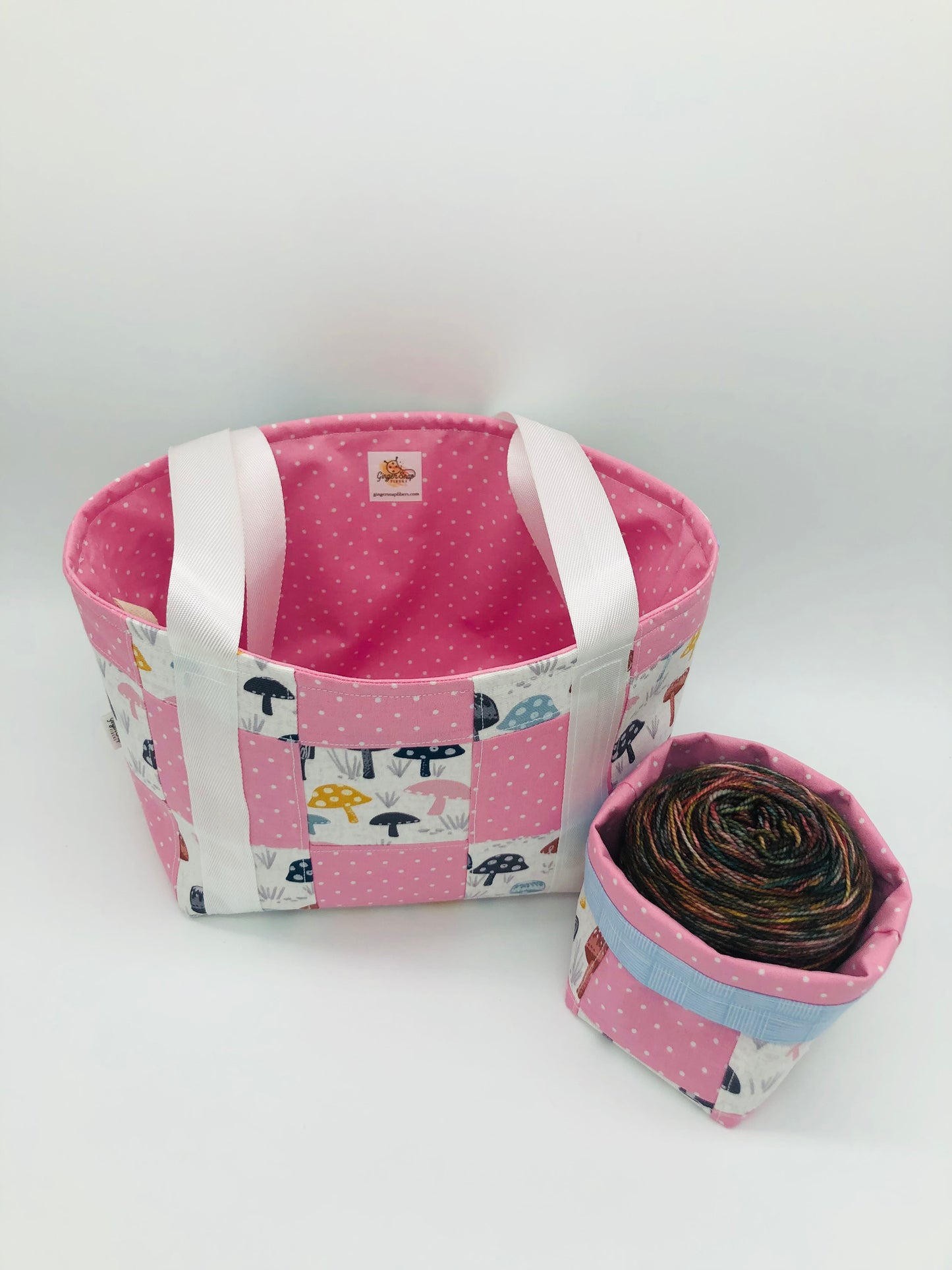 Pastel and Polka Dot Mushroom Patchwork Knitting Crochet Tote Style Project Bag + Yarn Cozy | Shortie Sock Size