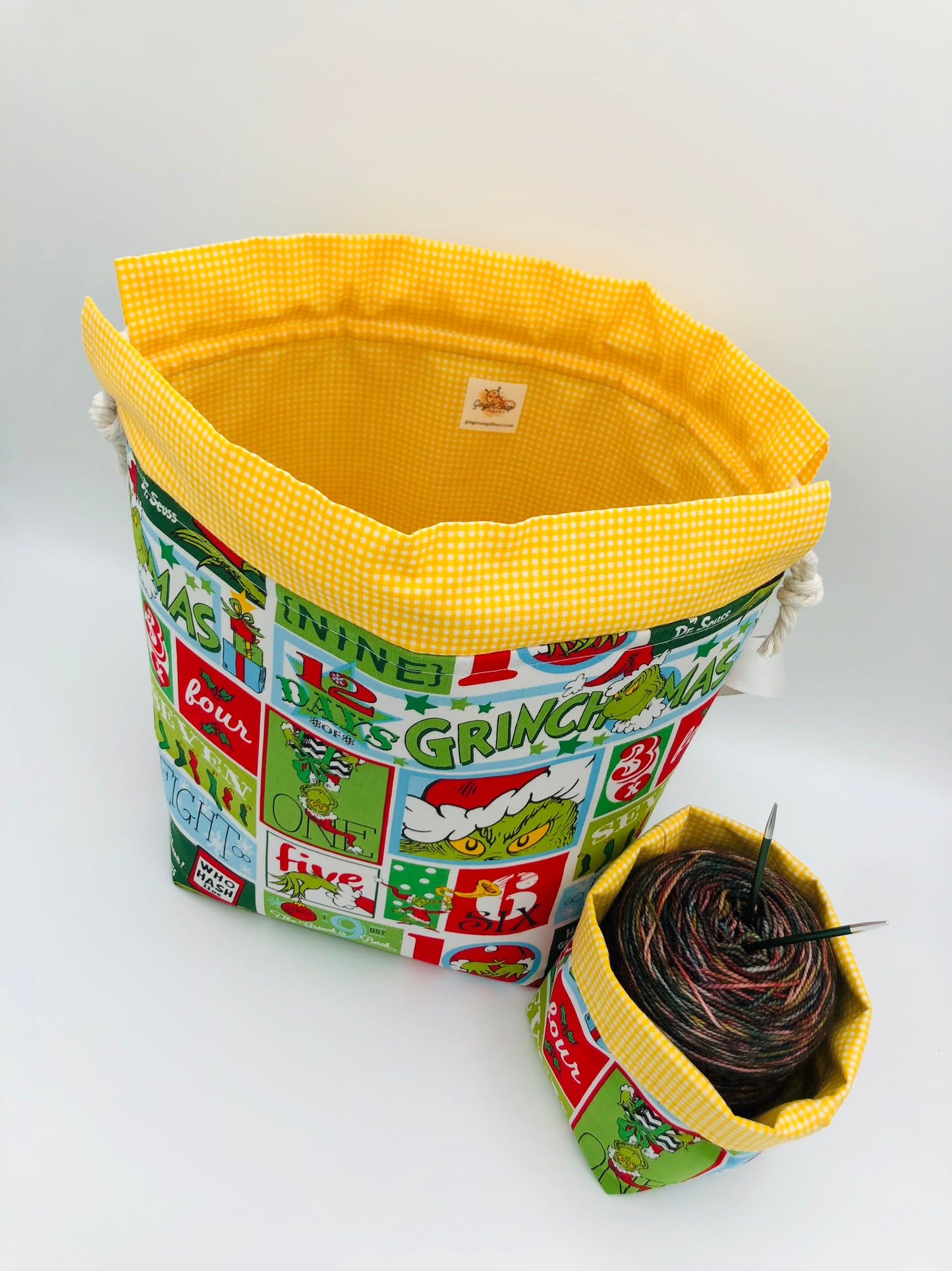 Grinchmas Knitting and Crochet Drawstring Style Project Bag + Yarn Cozy | XL Sock Size