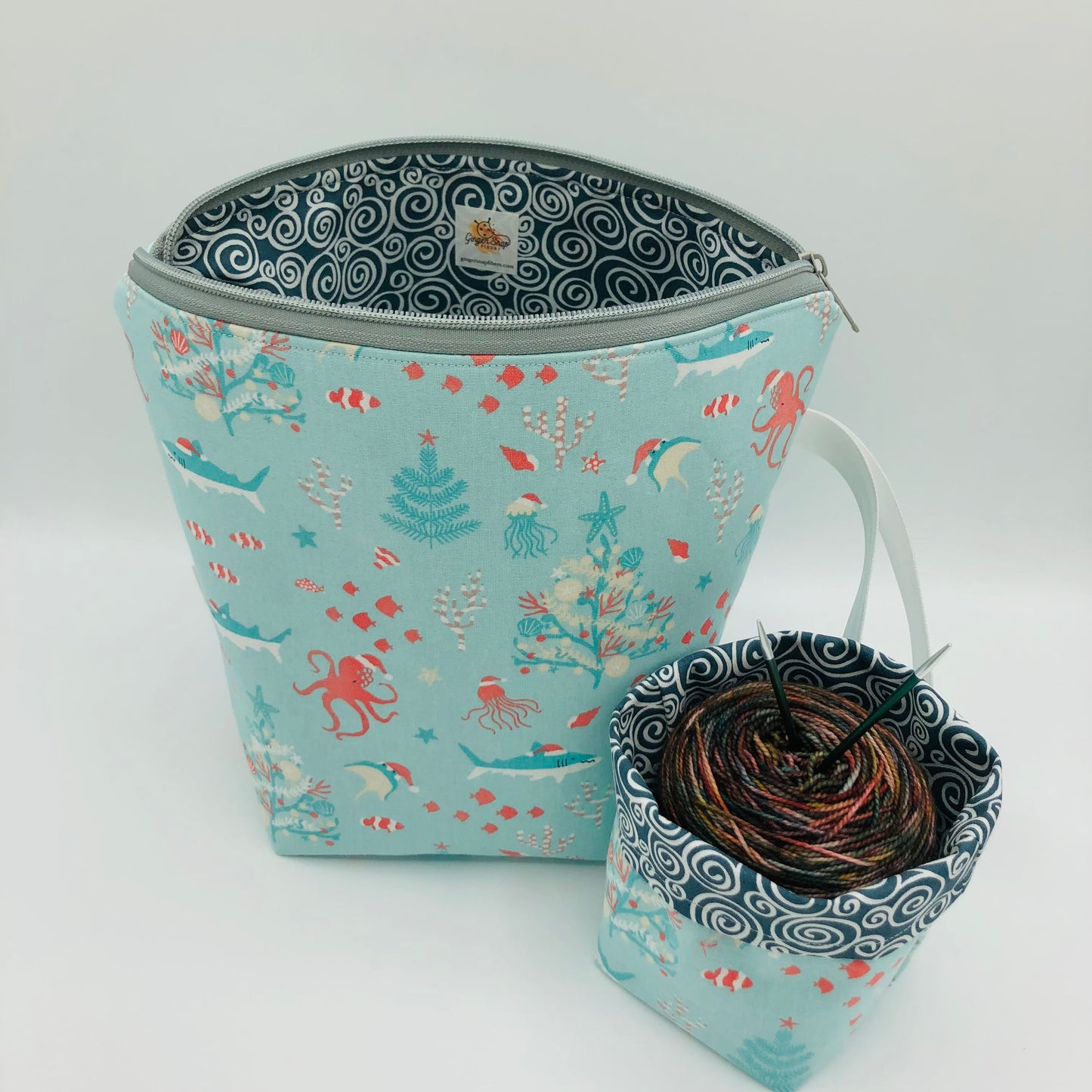 Christmas Sharks Holiday Knitting Crochet Zipper Style Project Bag + Yarn Cozy | Sock Size