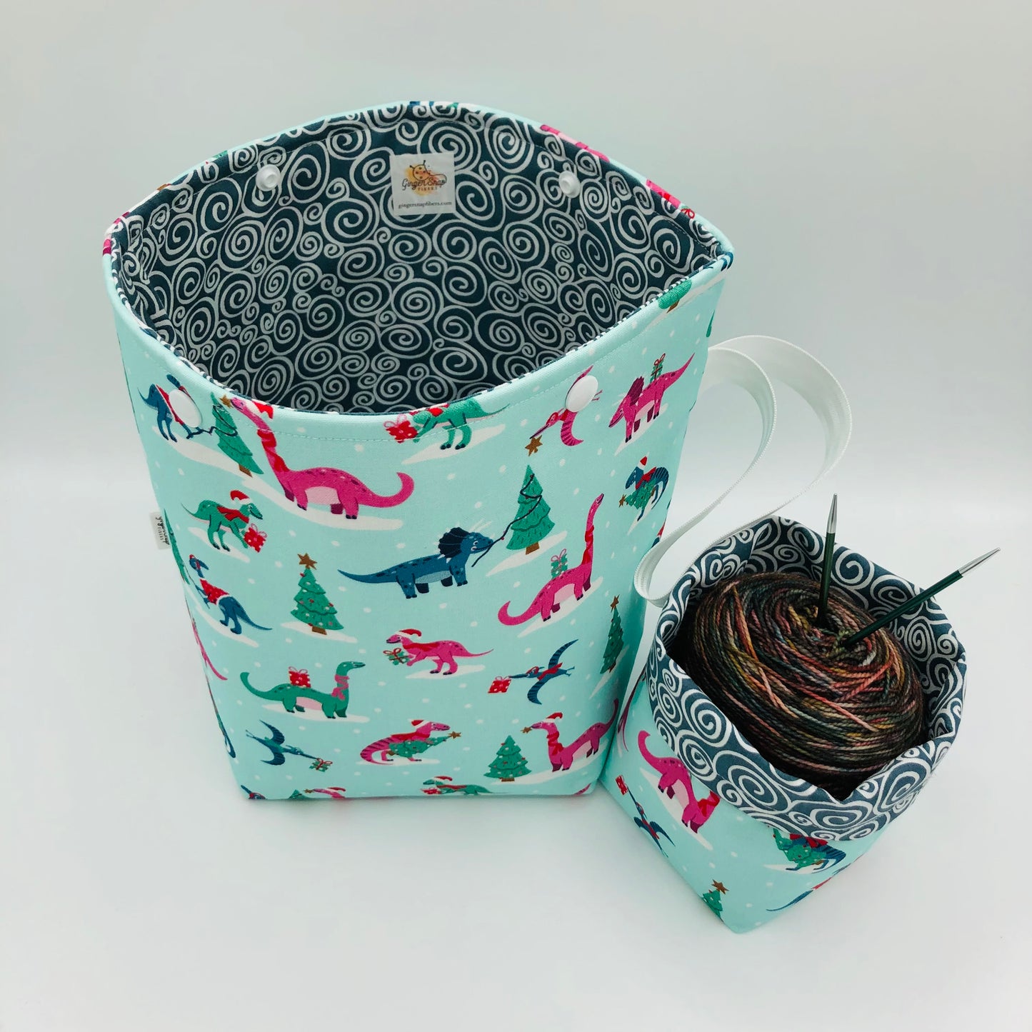 Christmas Dinos Holiday Knitting Crochet Snap Style Project Bag + Yarn Cozy | Sock Size