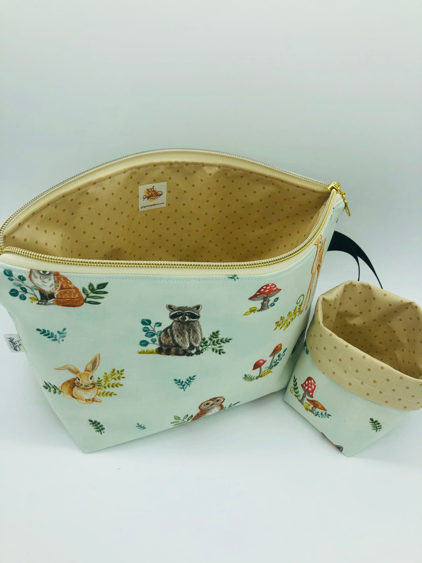 Neutral Forest Friends and Mushrooms Knitting Crochet Zipper Style Project Bag + 100g Yarn Cozy| Shortie Sock Size