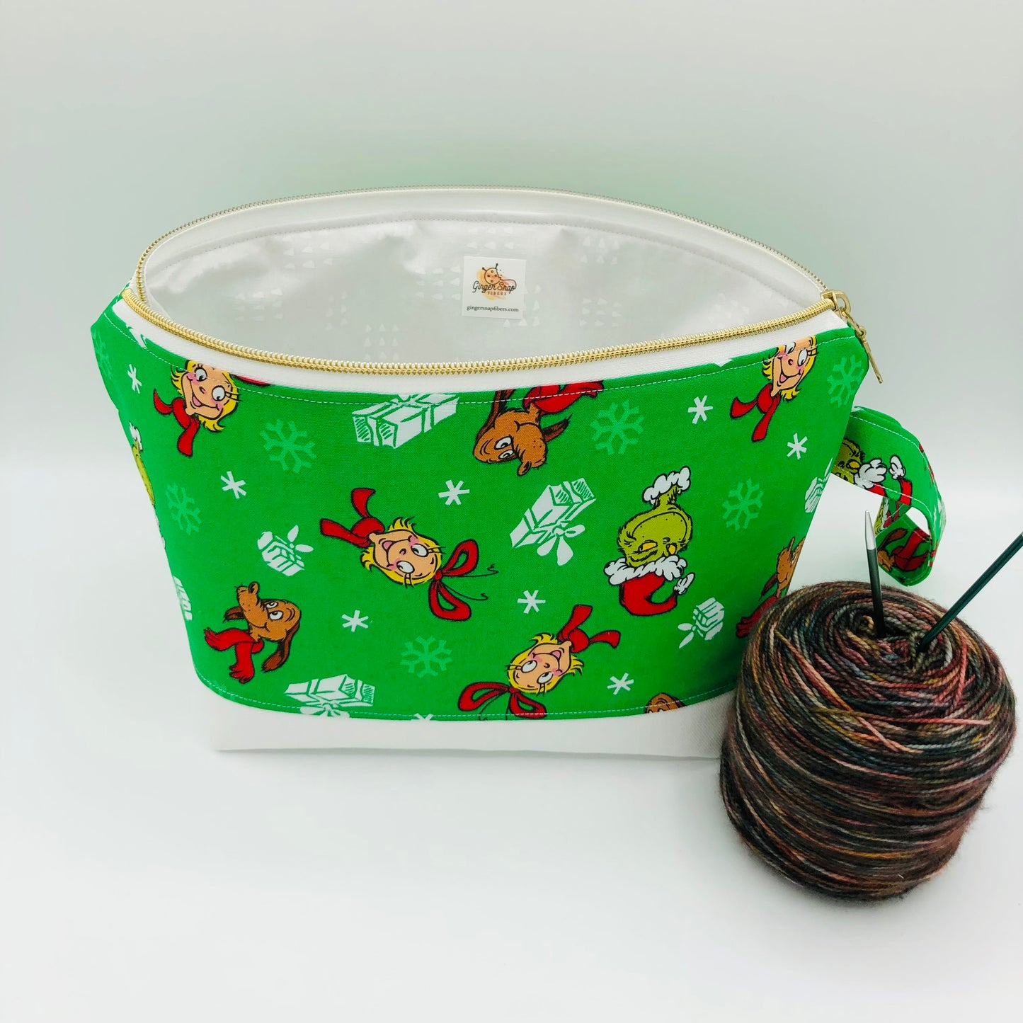 “Mean One” (green with white base) Holiday Knitting Crochet Zipper Style Project Bag | Shortie Sock Size