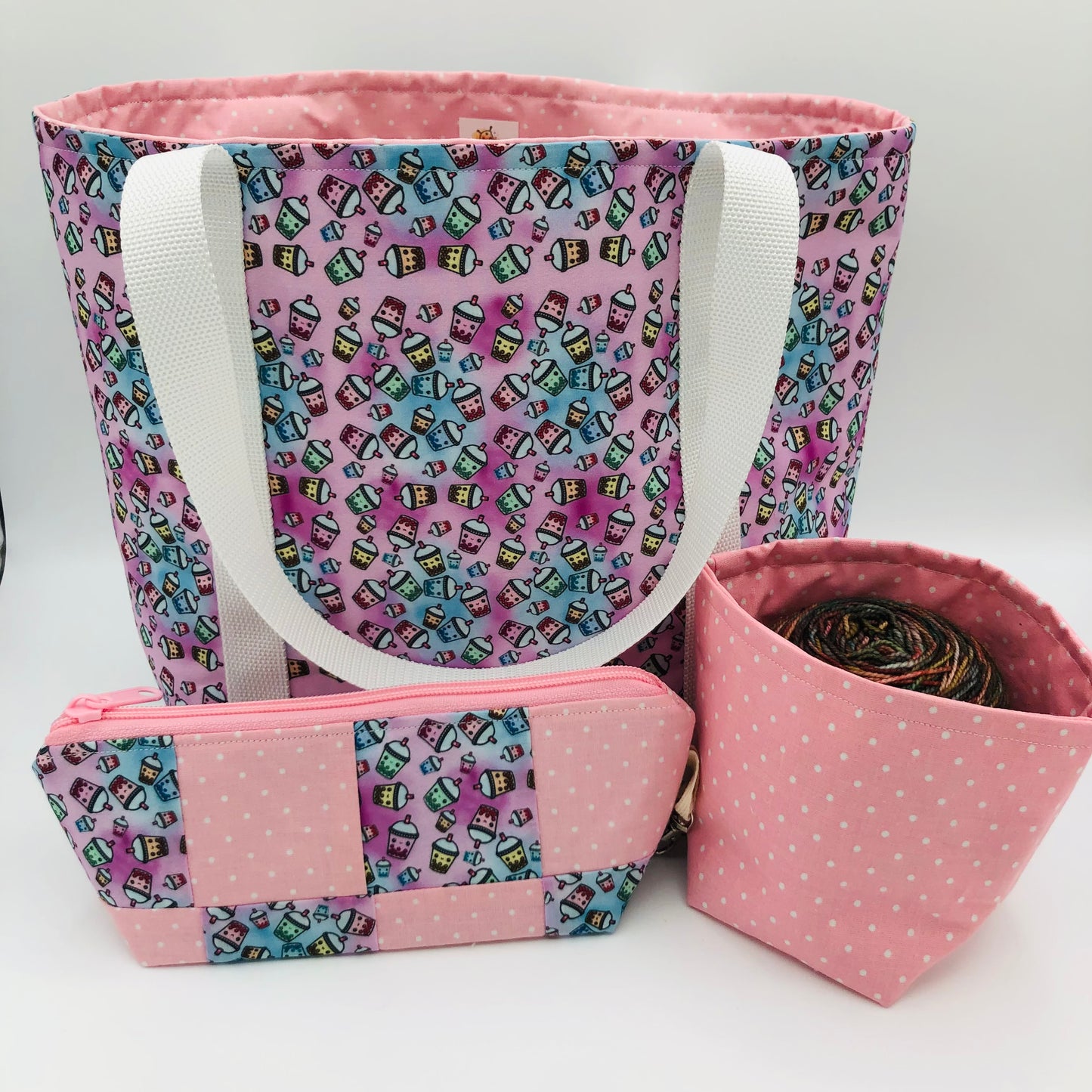 Tiny Boba Friends Tote Style Knitting and Crochet Project Bag + Yarn Cozy | Sweater Size