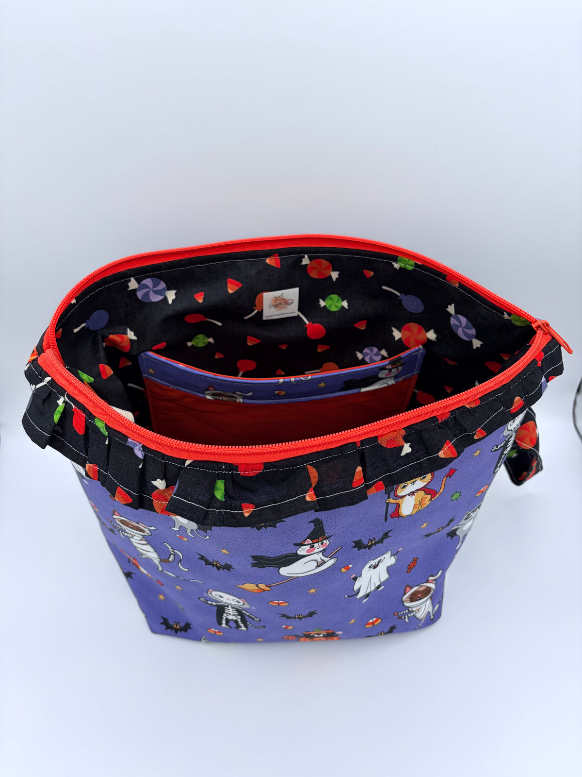 Trick or Treat Kitties (with ruffle) Spooky Zipper Style Knitting and Crochet Project Bag | Sweater Size