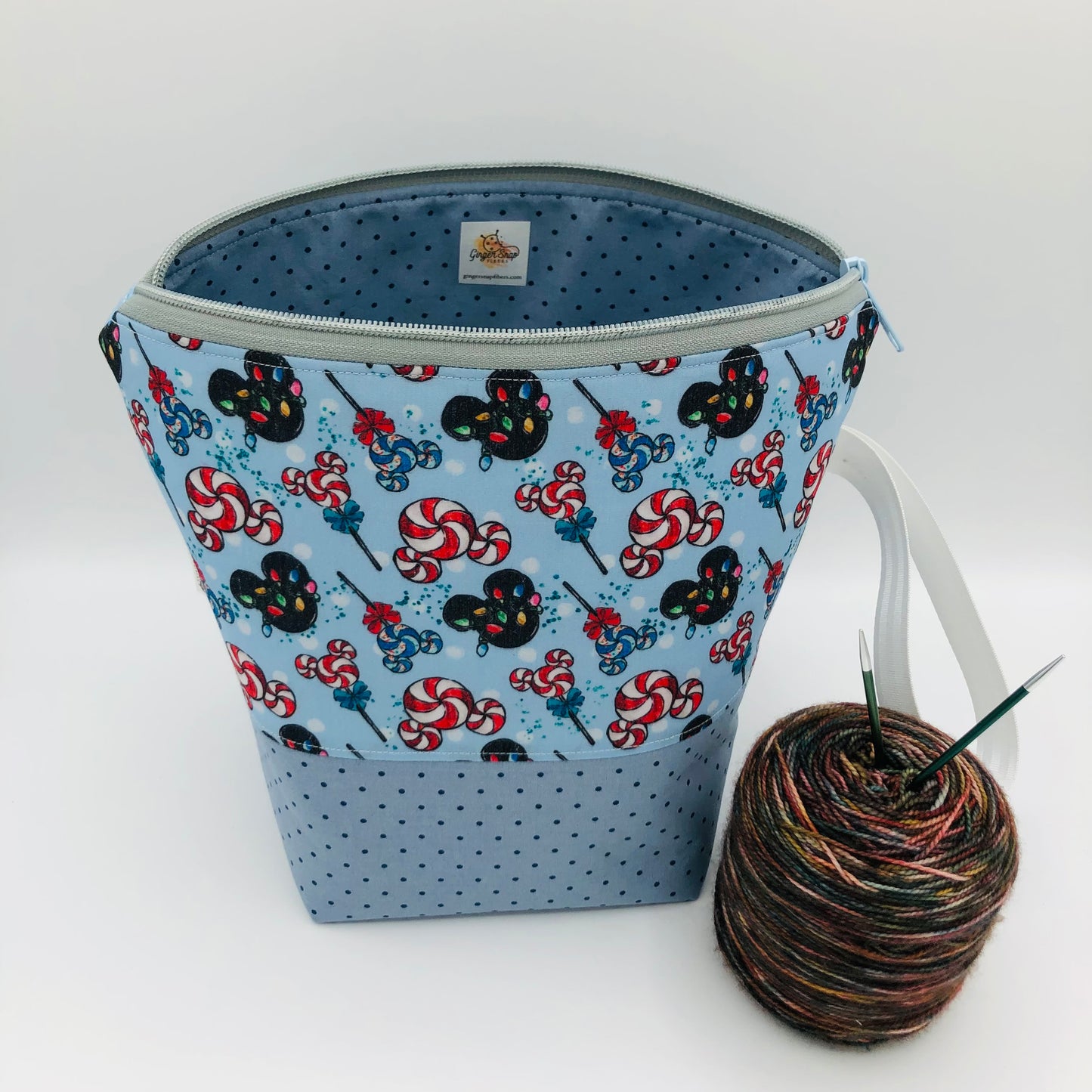 Candy Cane Mouse Friends (Blue base) Christmas Holiday Knitting Crochet Zipper Style Project Bag | Sock Size