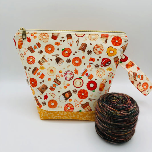 Neutral Pumpkin Spice (contrast base) Knitting Crochet Zipper Style Project Bag |  Sock Size