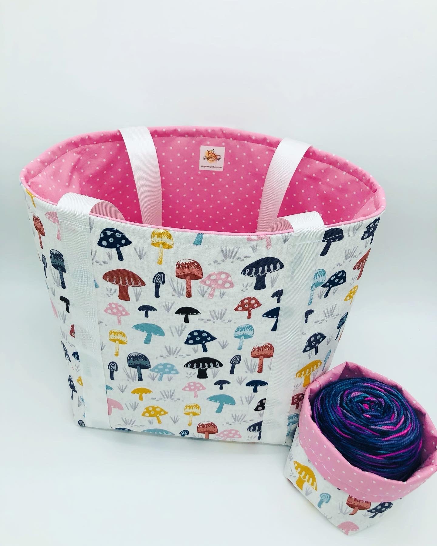 Pastel and Polka Dots Mushroom Forest Tote Style Knitting and Crochet Project Bag + Yarn Cozy | Sweater Size